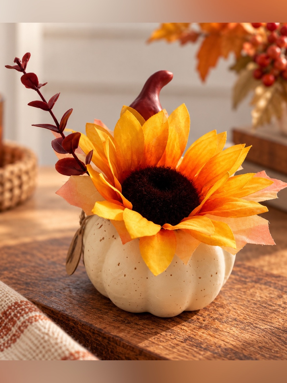 Sunflower Pumpkin Table Accent - Yellow & Orange Artificial Floral Decor-  NWOT